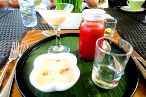 Healthy start: The hotel serves a delicious healthy organic breakfast, consisting of warm coconut and mineral water with lime, detoxifying fresh apple, mango, carrot, beetroot and ginger juice, a low-fat yogurt, with coconut milk, banana and vanilla-smoothie as well as a rice milk, papaya, ginger, walnuts and muesli verrine.